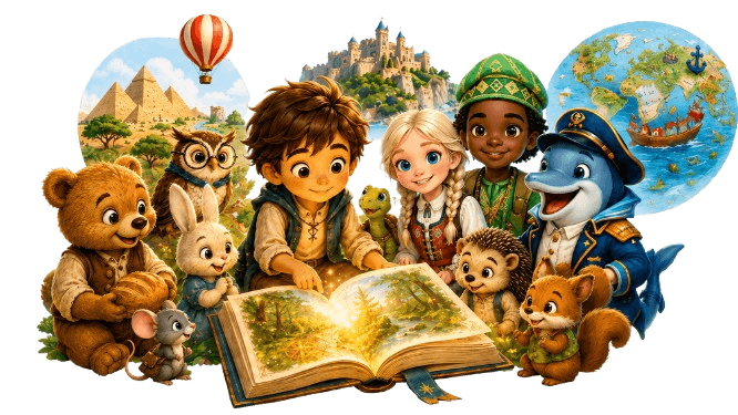Crianças e animais aprendendo juntos ao redor de um livro mágico